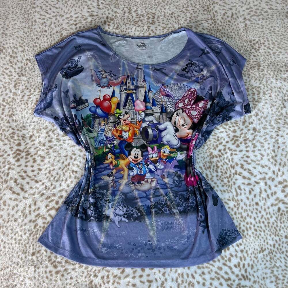 Disney Parks Character Castle Sublimated T-Shirt Size L Purple Polyester